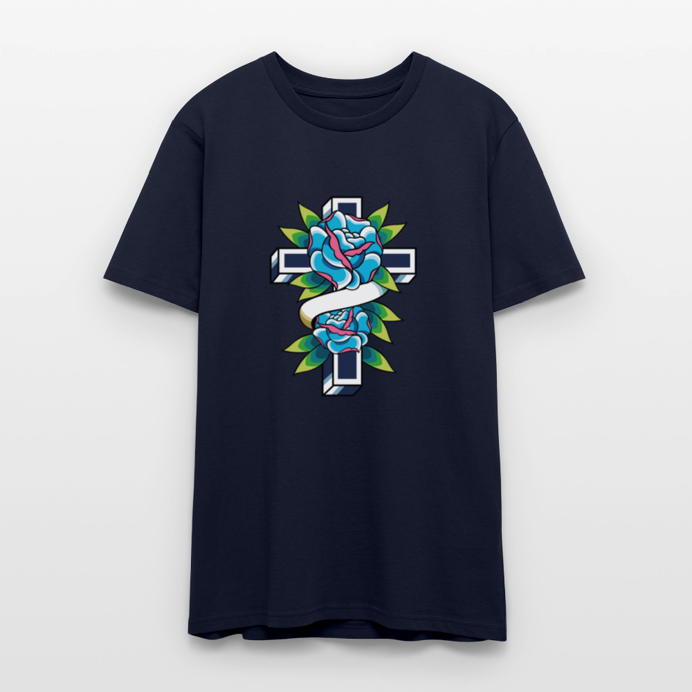 ✝️🌹 Faith & Beauty Unisex Organic T-Shirt – Cross with Blue Rose Graphic 🌿💙 - french navy