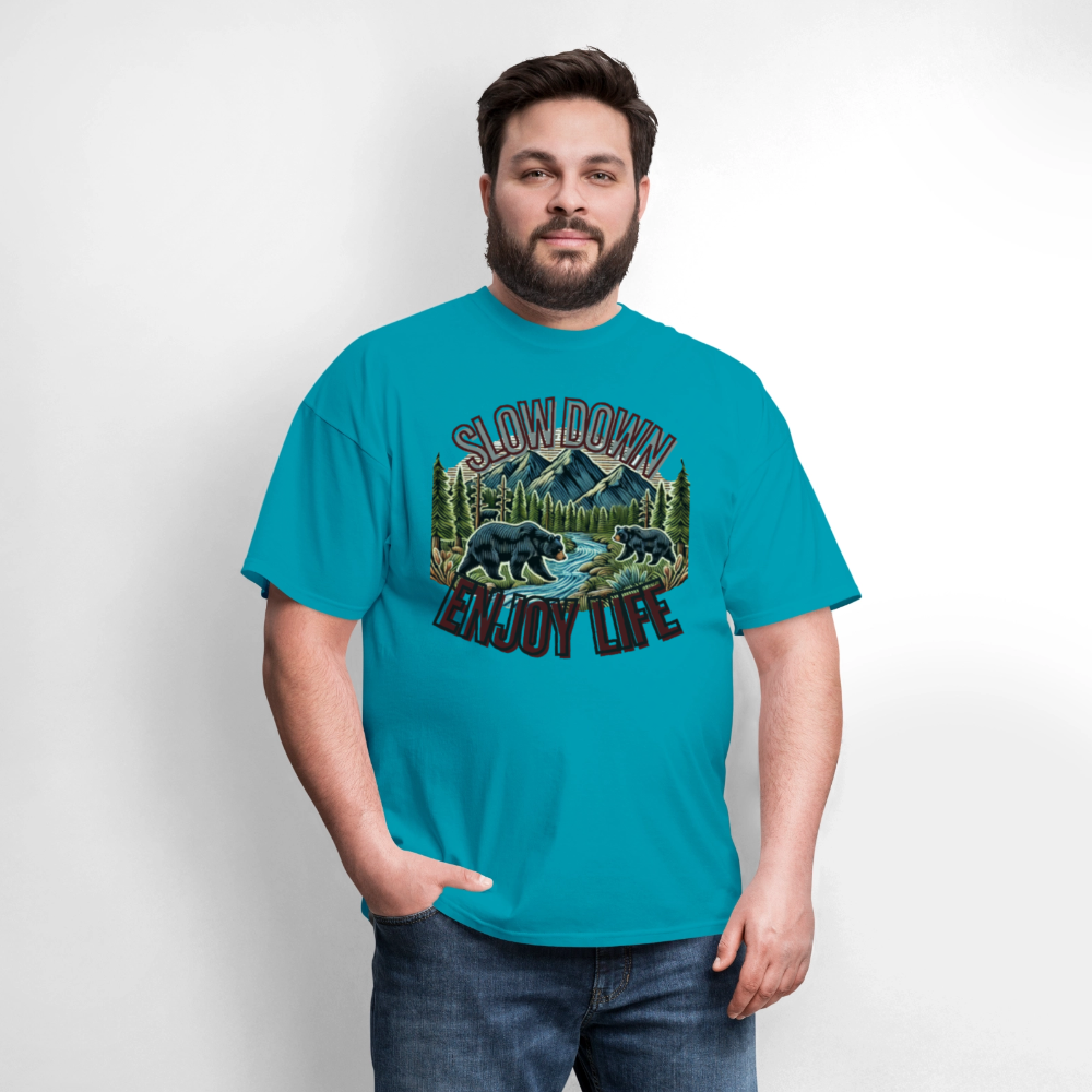 🏔️🐻 “Slow Down and Enjoy Life” Unisex T-Shirt 🌲✨ Mountains • Nature • Relaxation 💚 - turquoise