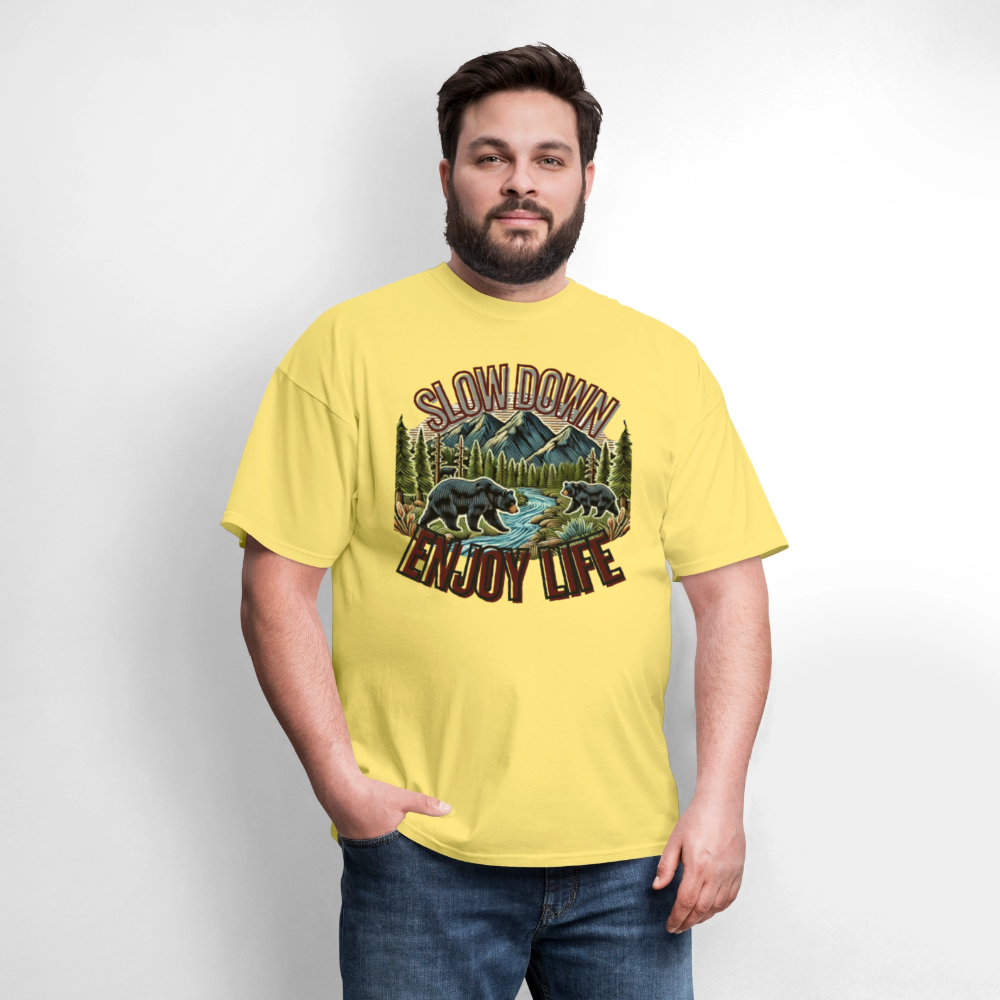 🏔️🐻 “Slow Down and Enjoy Life” Unisex T-Shirt 🌲✨ Mountains • Nature • Relaxation 💚 - cornsilk