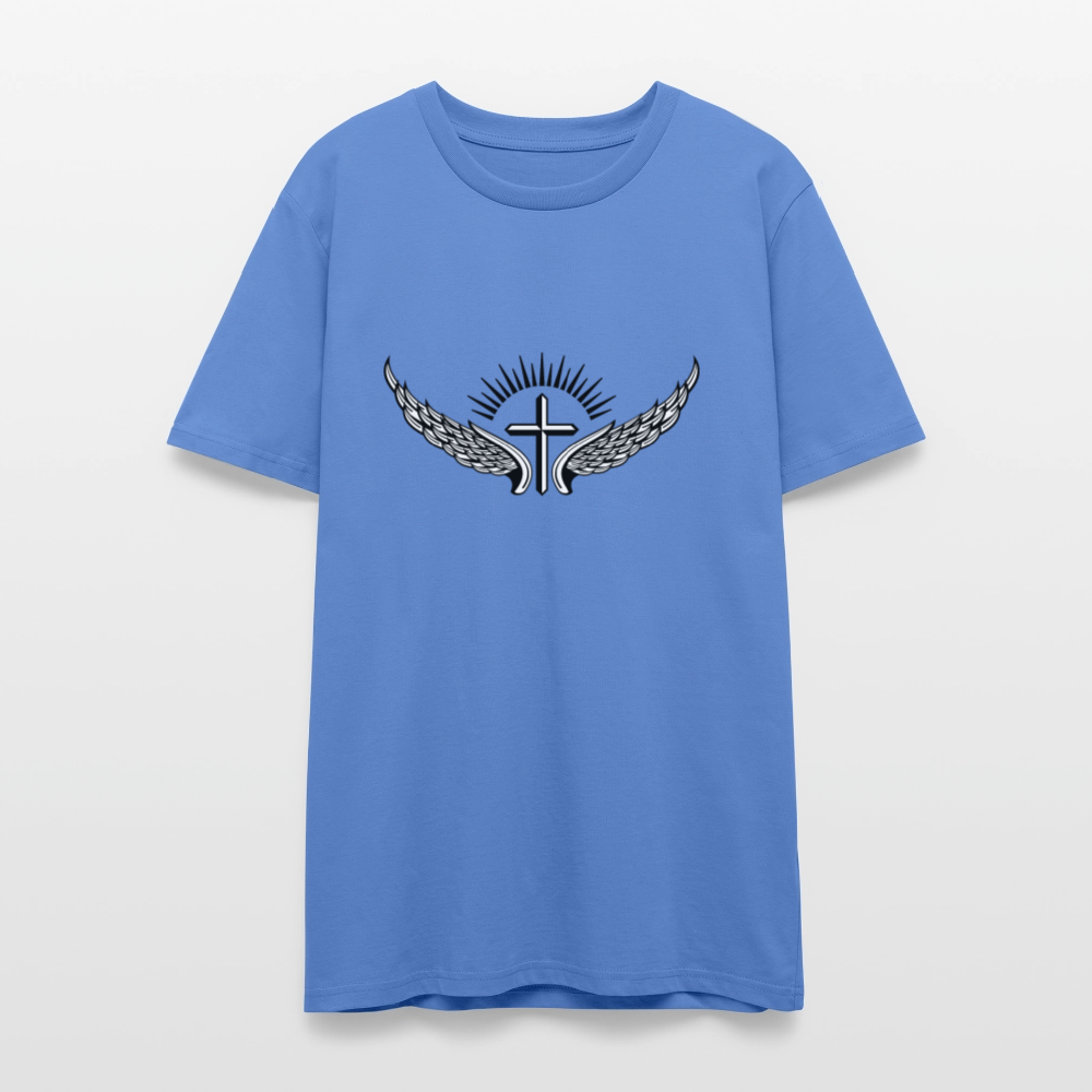 ✝️🕊️ Faith & Freedom Unisex Organic T-Shirt – Wings & Cross Graphic 🌿✨ - bright blue