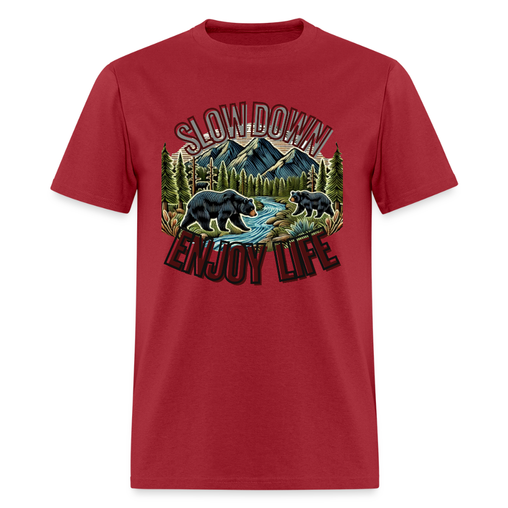 🏔️🐻 “Slow Down and Enjoy Life” Unisex T-Shirt 🌲✨ Mountains • Nature • Relaxation 💚 - dark red