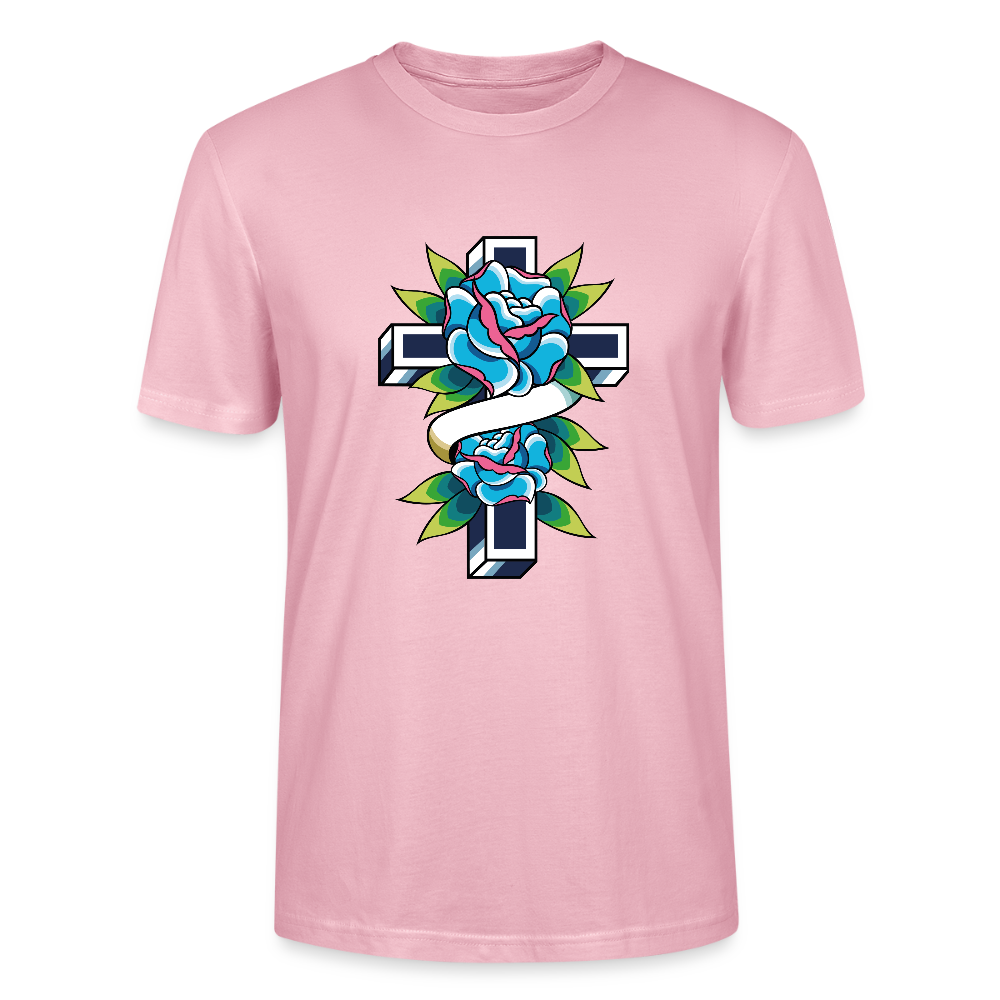 ✝️🌹 Faith & Beauty Unisex Organic T-Shirt – Cross with Blue Rose Graphic 🌿💙 - pale pink