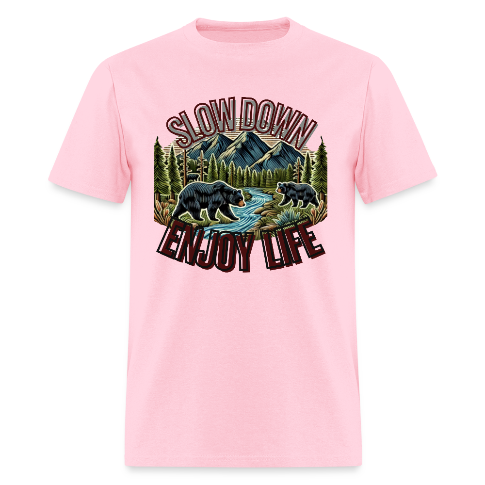 🏔️🐻 “Slow Down and Enjoy Life” Unisex T-Shirt 🌲✨ Mountains • Nature • Relaxation 💚 - pink