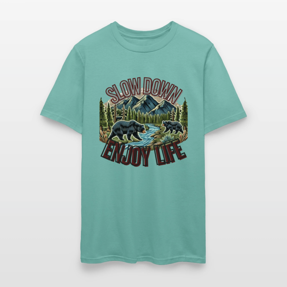 🏔️🐻 “Slow Down and Enjoy Life” Unisex T-Shirt 🌲✨ Mountains • Nature • Relaxation 💚 - aquatic