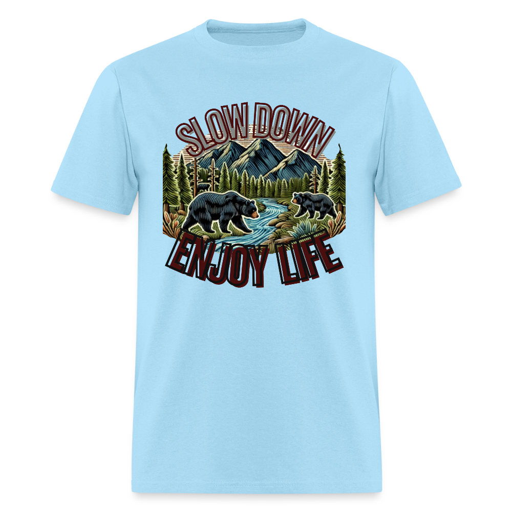 🏔️🐻 “Slow Down and Enjoy Life” Unisex T-Shirt 🌲✨ Mountains • Nature • Relaxation 💚 - powder blue