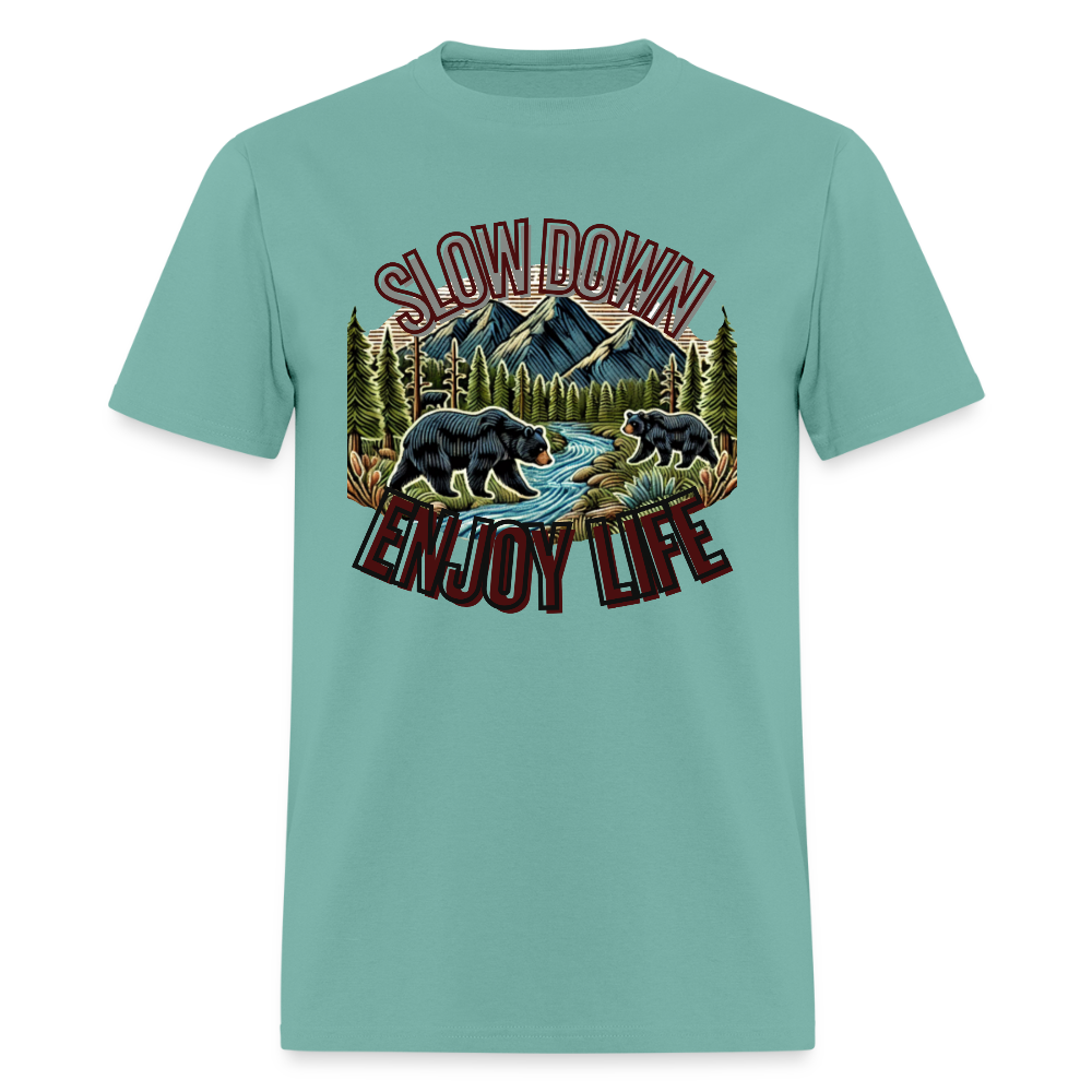 🏔️🐻 “Slow Down and Enjoy Life” Unisex T-Shirt 🌲✨ Mountains • Nature • Relaxation 💚 - aquatic
