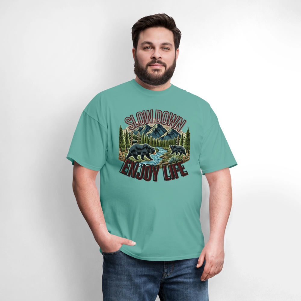 🏔️🐻 “Slow Down and Enjoy Life” Unisex T-Shirt 🌲✨ Mountains • Nature • Relaxation 💚 - aquatic