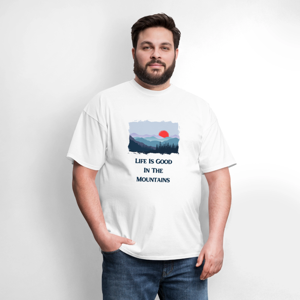 🌄🏕️ “Life is Good in the Mountains” Unisex T-Shirt 🏔️✨ Adventure • Peace • Good Vibes 🌲💚 - white