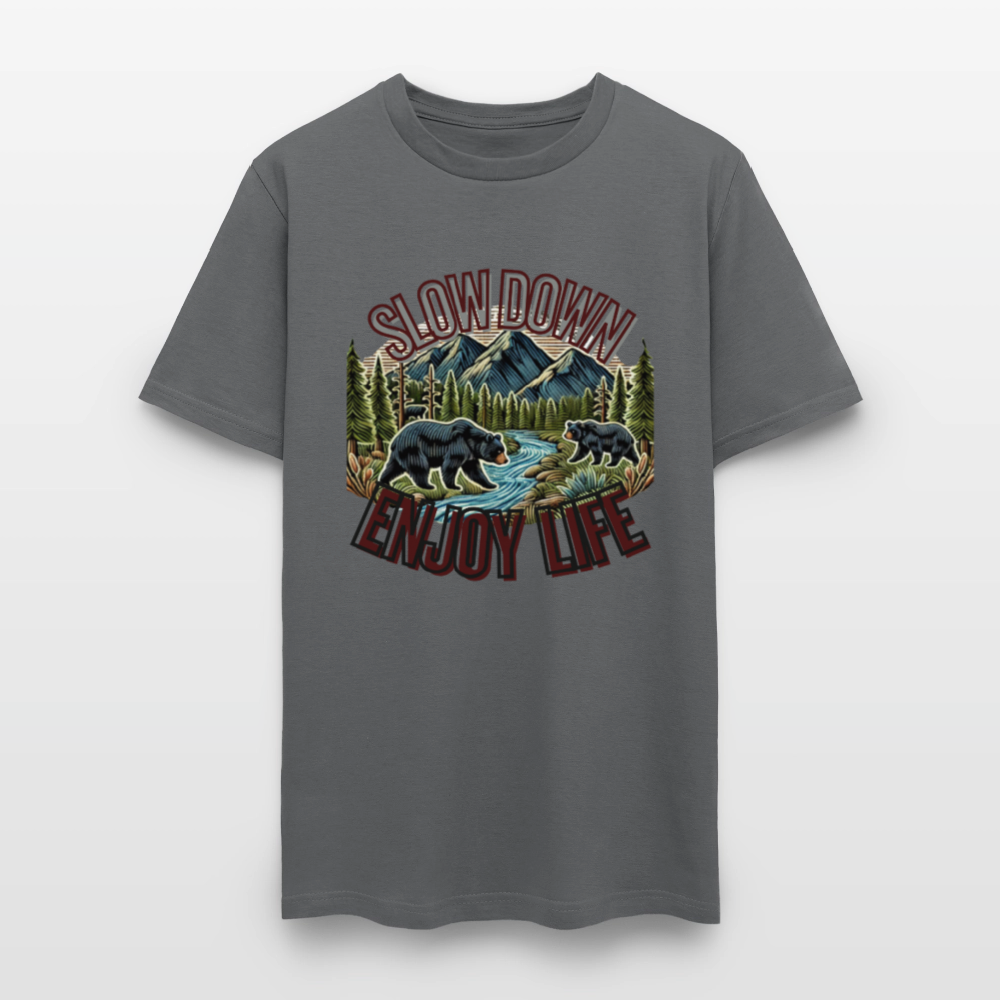 🏔️🐻 “Slow Down and Enjoy Life” Unisex T-Shirt 🌲✨ Mountains • Nature • Relaxation 💚 - charcoal