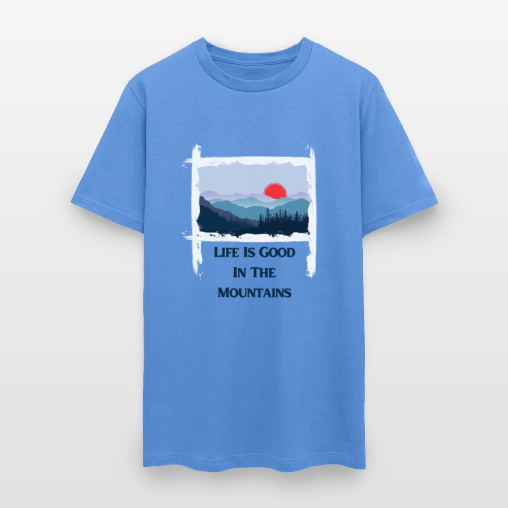 🌄🏕️ “Life is Good in the Mountains” Unisex T-Shirt 🏔️✨ Adventure • Peace • Good Vibes 🌲💚 - carolina blue