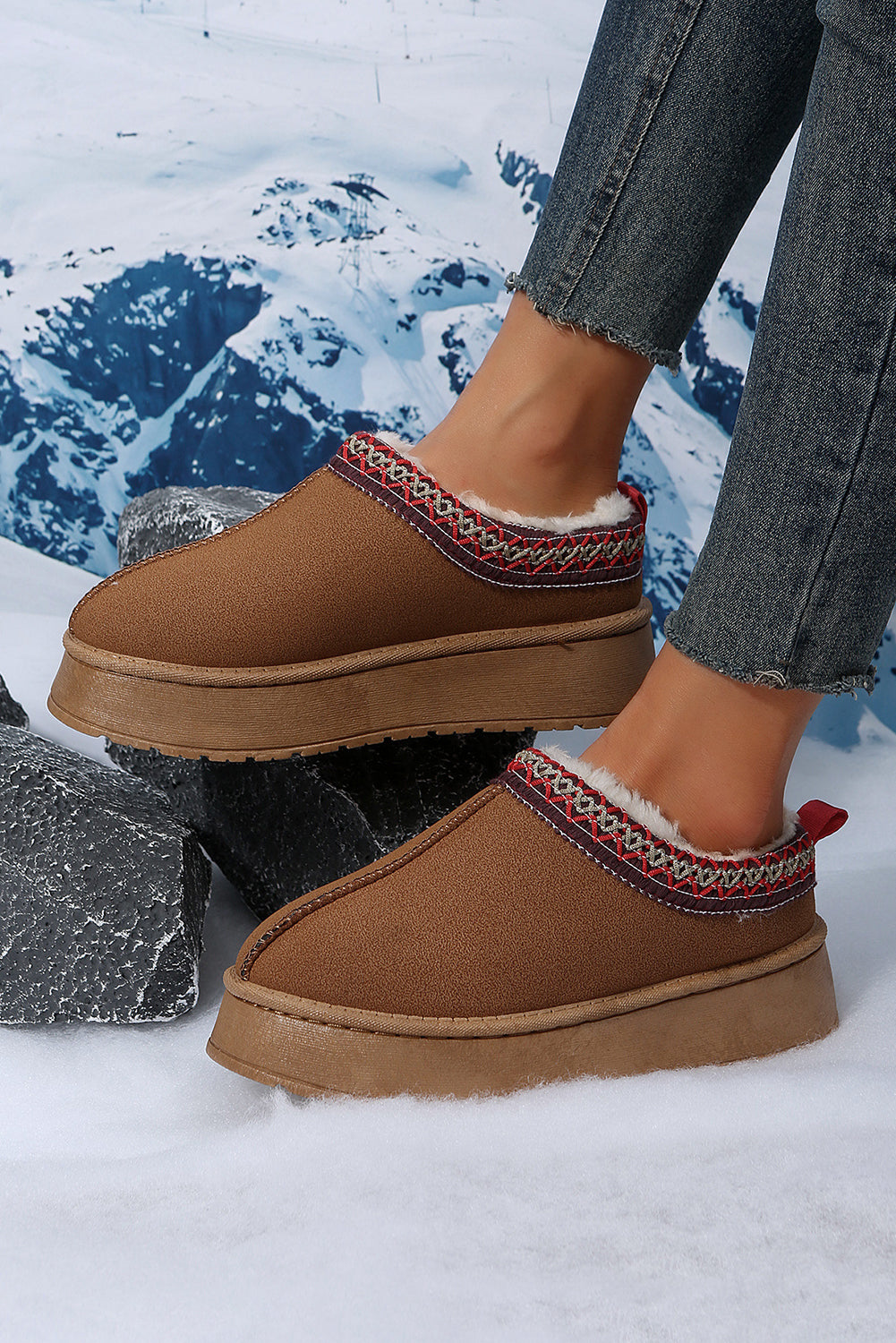 ❄️ Cozy Chic Alert! 🤎 | Chestnut Contrast Print Suede Plush Snow Boots 🧤