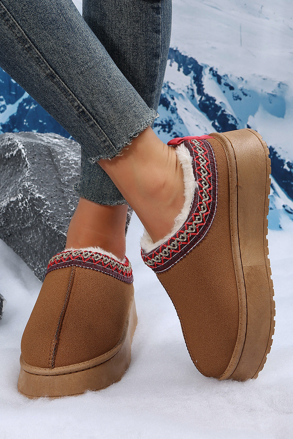❄️ Cozy Chic Alert! 🤎 | Chestnut Contrast Print Suede Plush Snow Boots 🧤