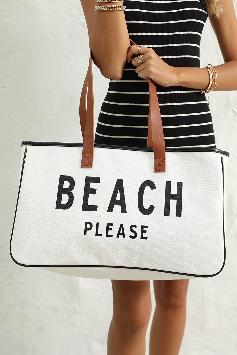 🏖️ Fun & Fabulous! 🤍 White “BEACH PLEASE” Print Large Canvas Tote Bag 👜✨