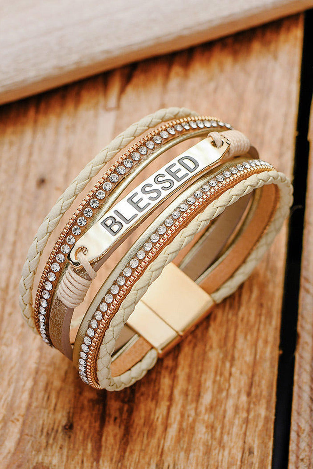 ✨ Blessed & Sparkling ✝️ | Beige Rhinestone Braided Buckle Bracelet 💎