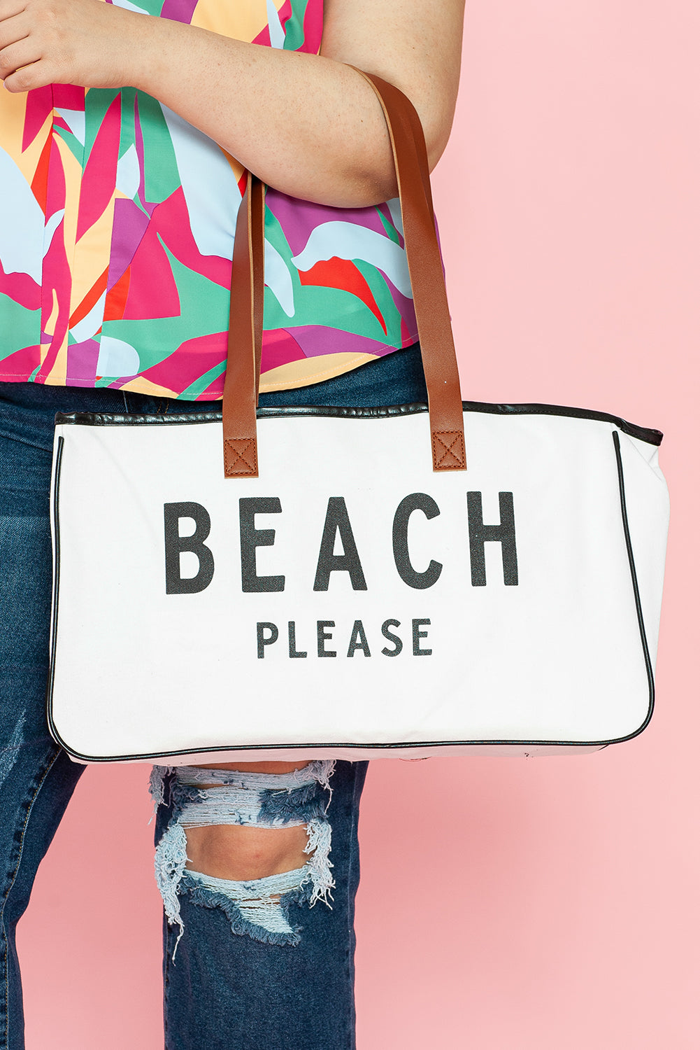 🏖️ Fun & Fabulous! 🤍 White “BEACH PLEASE” Print Large Canvas Tote Bag 👜✨
