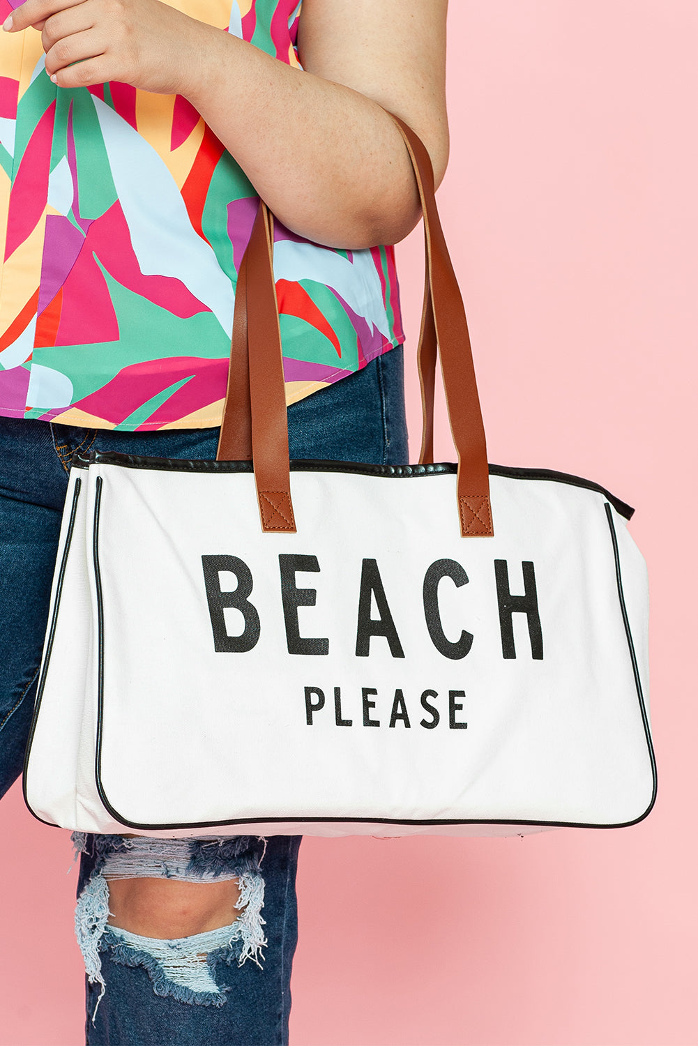 🏖️ Fun & Fabulous! 🤍 White “BEACH PLEASE” Print Large Canvas Tote Bag 👜✨